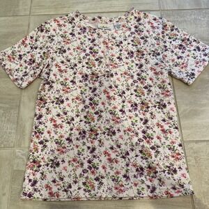 Chic Henley Shirt womens S Purple Floral Crew Vintage Cotton Grandmacore Cottage